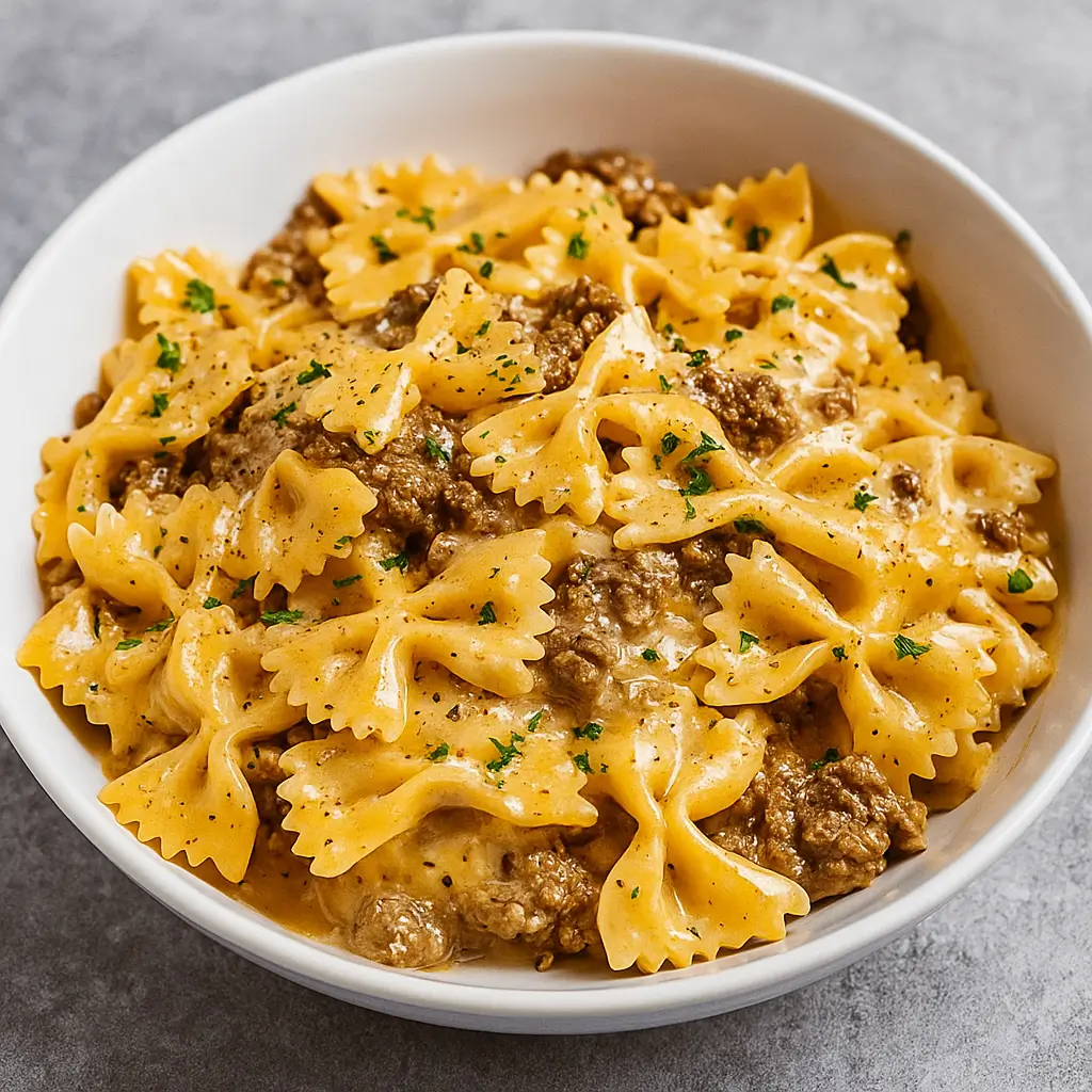 The Best Creamy Parmesan Garlic Beef Bowtie Pasta – Quick, Easy & Irresistible