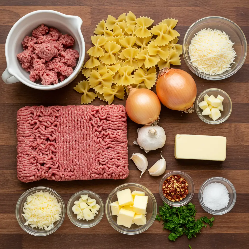 creamy parmesan garlic beef bowtie pasta ingredients flat lay