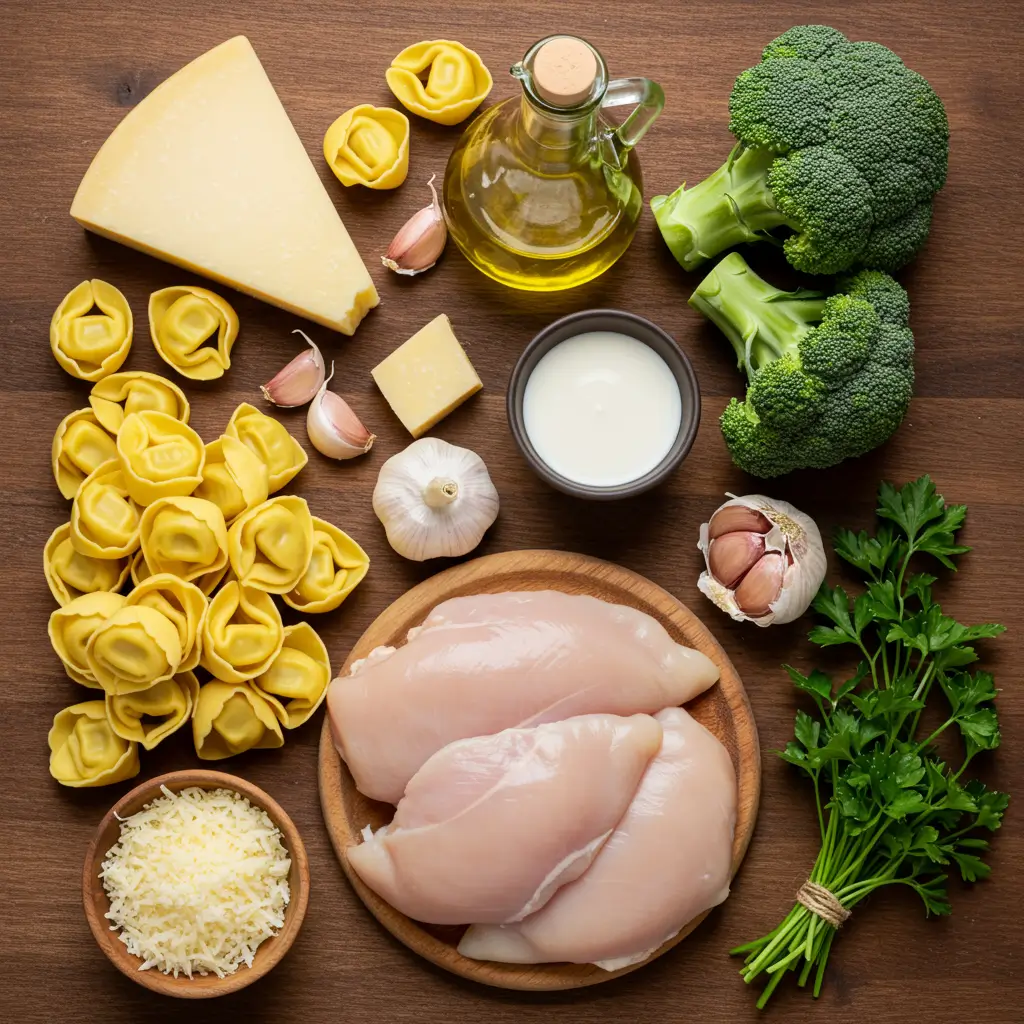 ingredients for creamy tortellini with chicken and broccoli