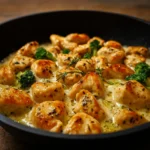 creamy tortellini with chicken and broccoli in skillet