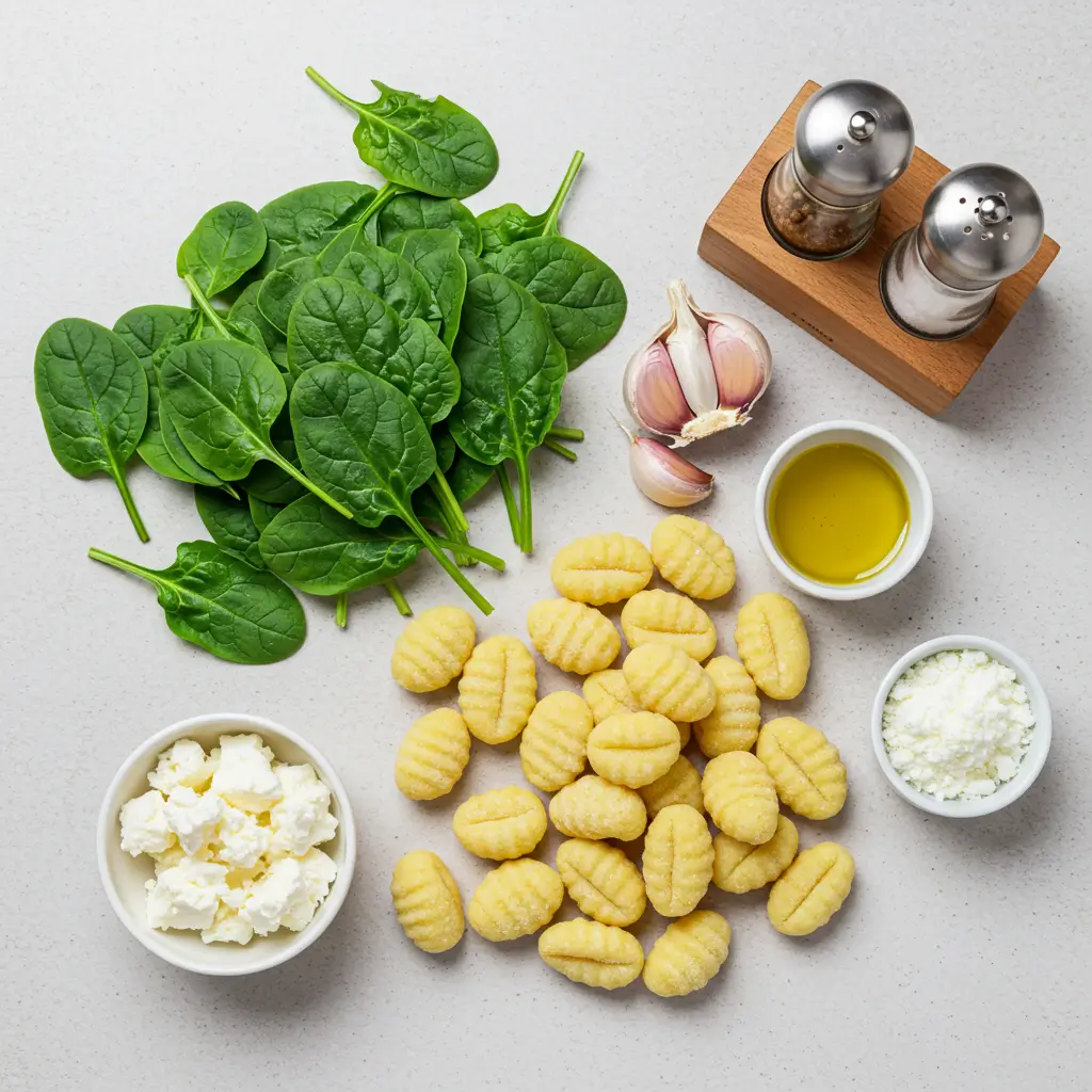 ingredients for crispy gnocchi with spinach and feta
