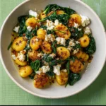 crispy gnocchi with spinach and feta in skillet