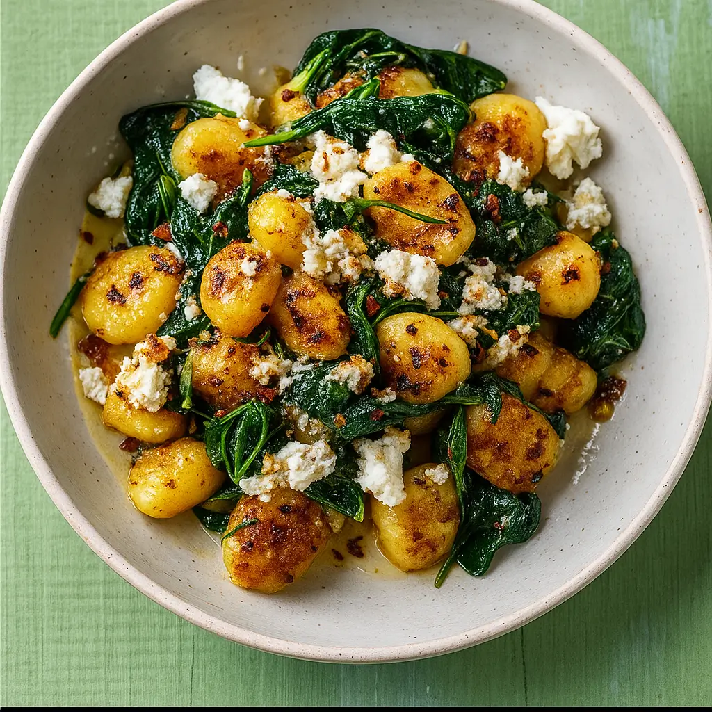 crispy gnocchi with spinach and feta in skillet