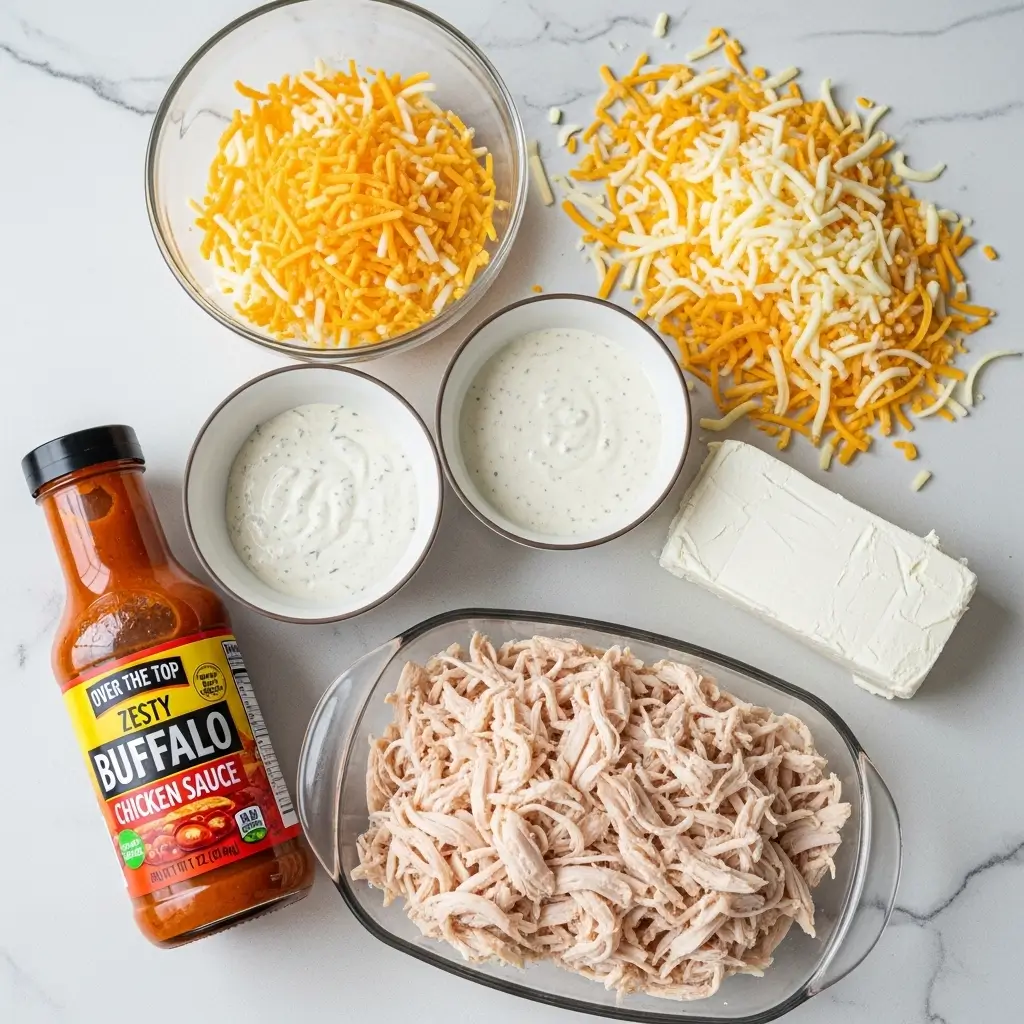 crock pot buffalo chicken dip ingredients on counter