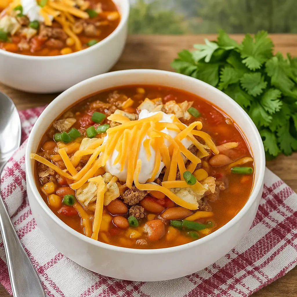 Crock Pot Taco Soup in a bowl with toppings