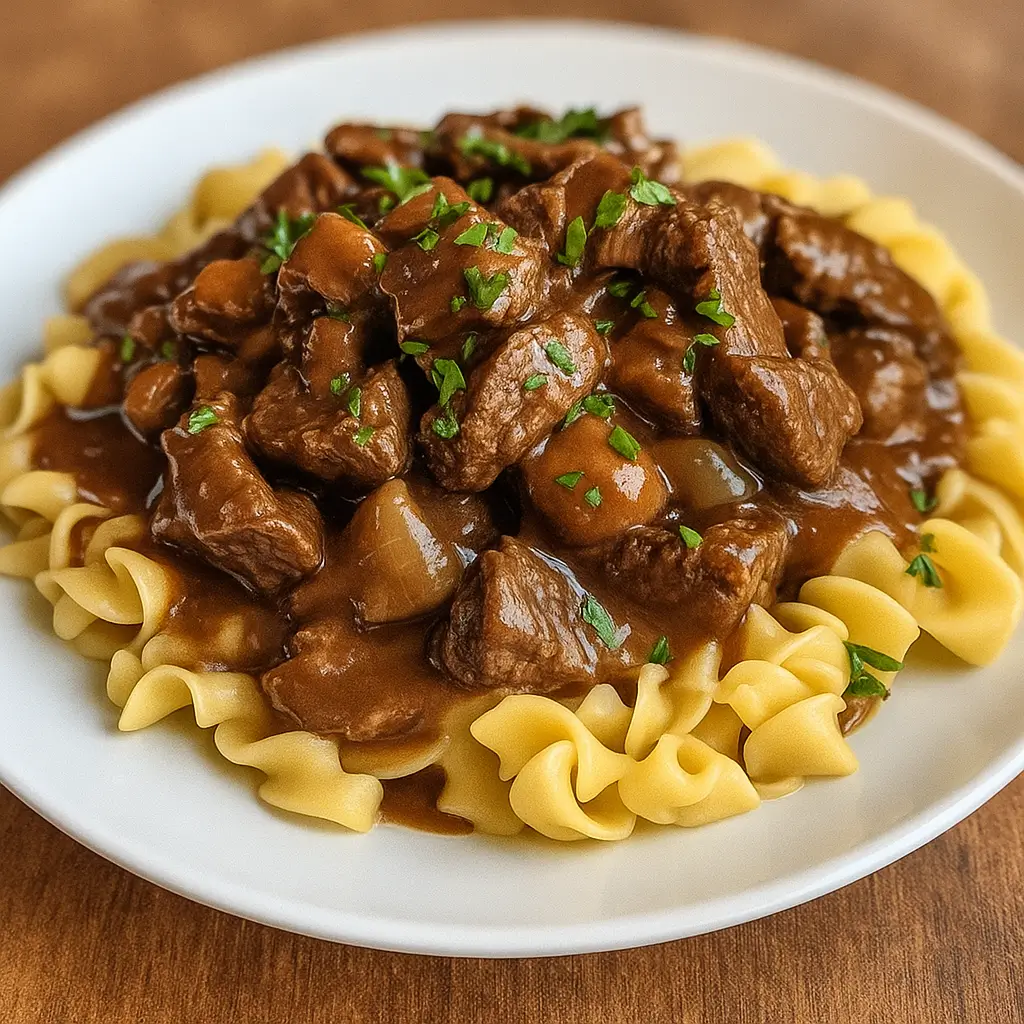 Crockpot Beef and Noodles served in a rustic bowl