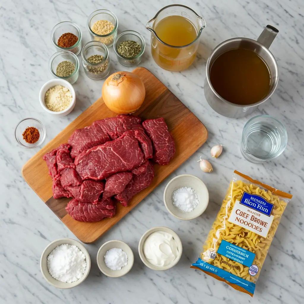Ingredients for Crockpot Beef and Noodles on counter