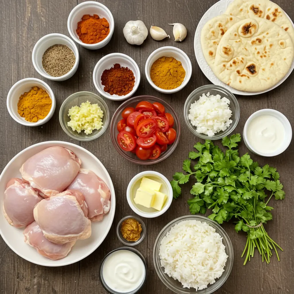 Ingredients for Crockpot Butter Chicken laid out on a wooden table