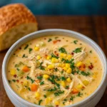 crockpot chicken corn chowder served in bowl
