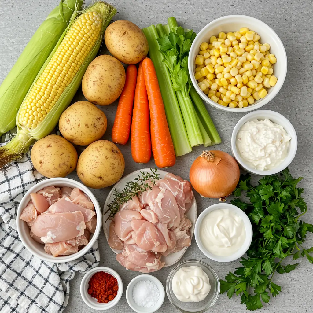 crockpot chicken corn chowder ingredients on rustic table