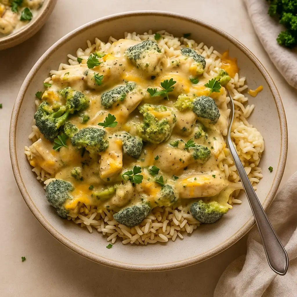 Crockpot Creamy Broccoli Cheddar Chicken Delight served in bowl