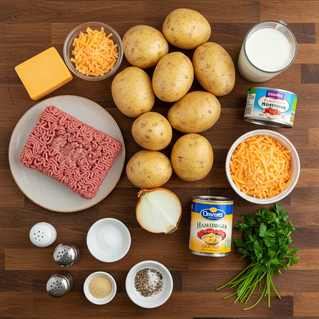 Crockpot Hamburger Potato Casserole ingredients on a counter