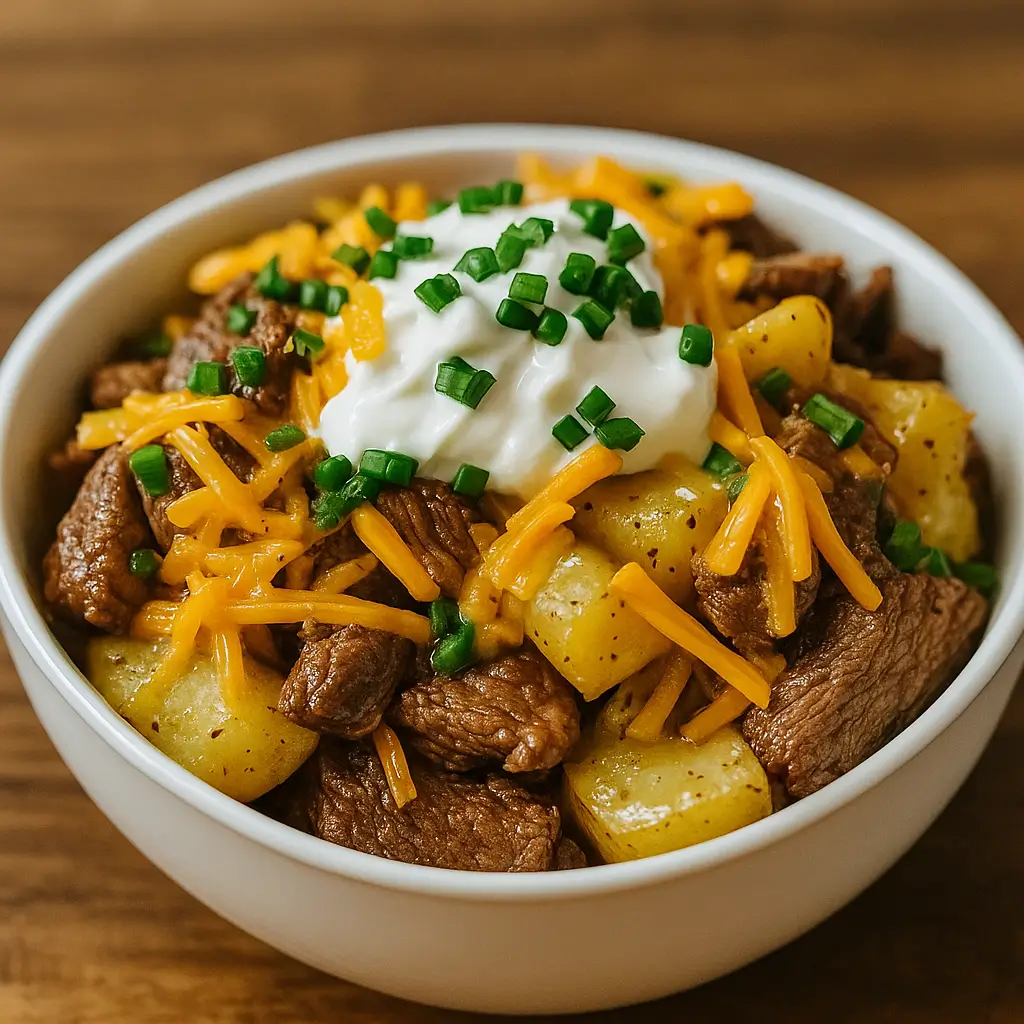 Crockpot Loaded Steak and Potato Bake in rustic crockpot