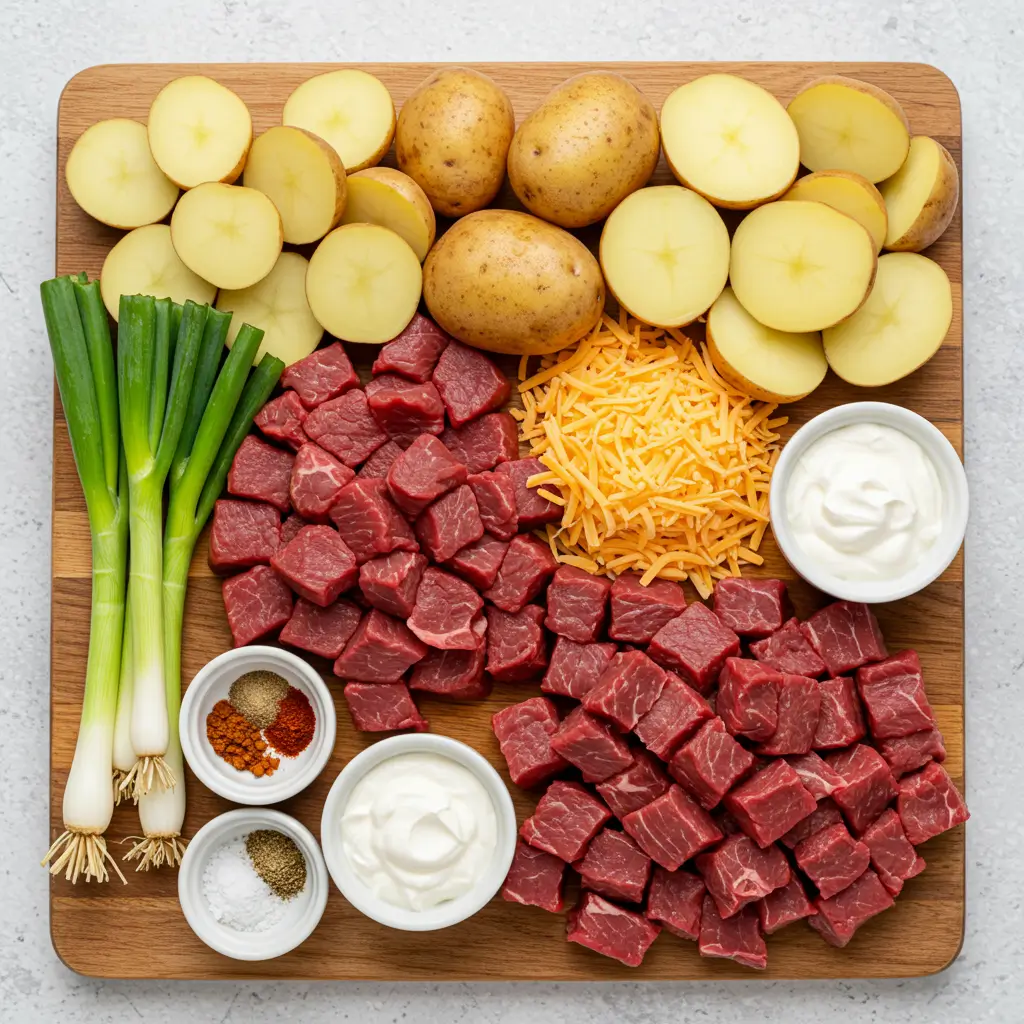 Ingredients for Crockpot Loaded Steak and Potato Bake