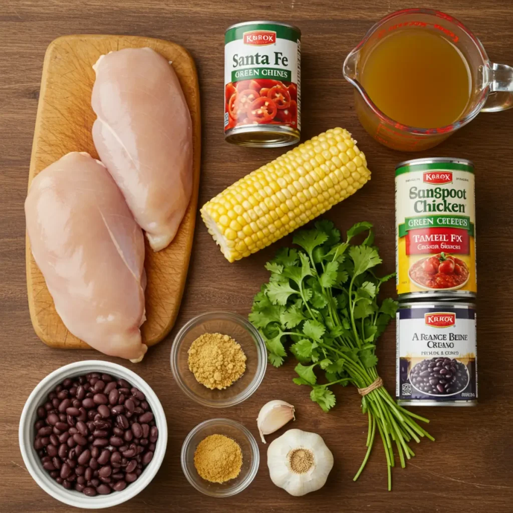 Ingredients for Crockpot Santa Fe Chicken including chicken breasts, beans, corn, tomatoes with green chiles, garlic, cilantro, and broth.
