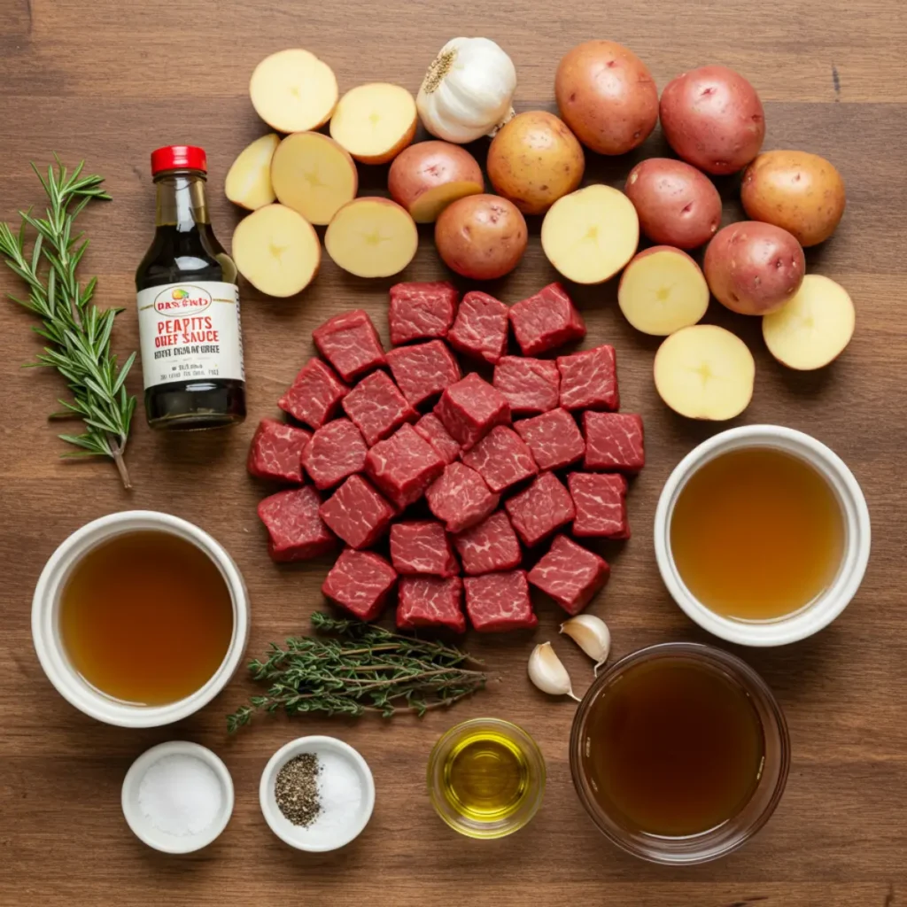 Ingredients for Crockpot Steak Bites and Potatoes including beef, baby potatoes, garlic, and herbs