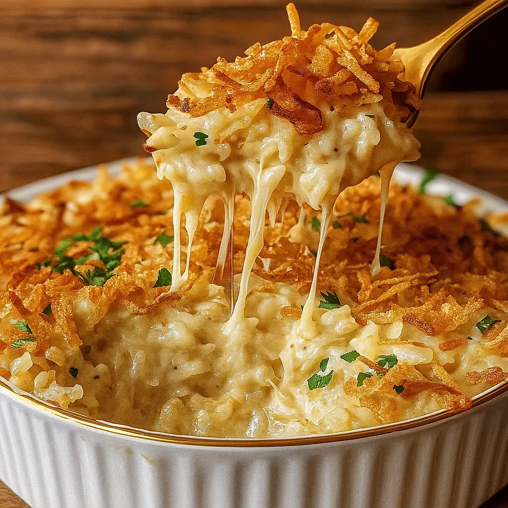 French Onion Chicken Rice Bake in a casserole dish with golden crispy onions