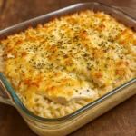 Garlic Butter Chicken and Rice Casserole baked golden brown