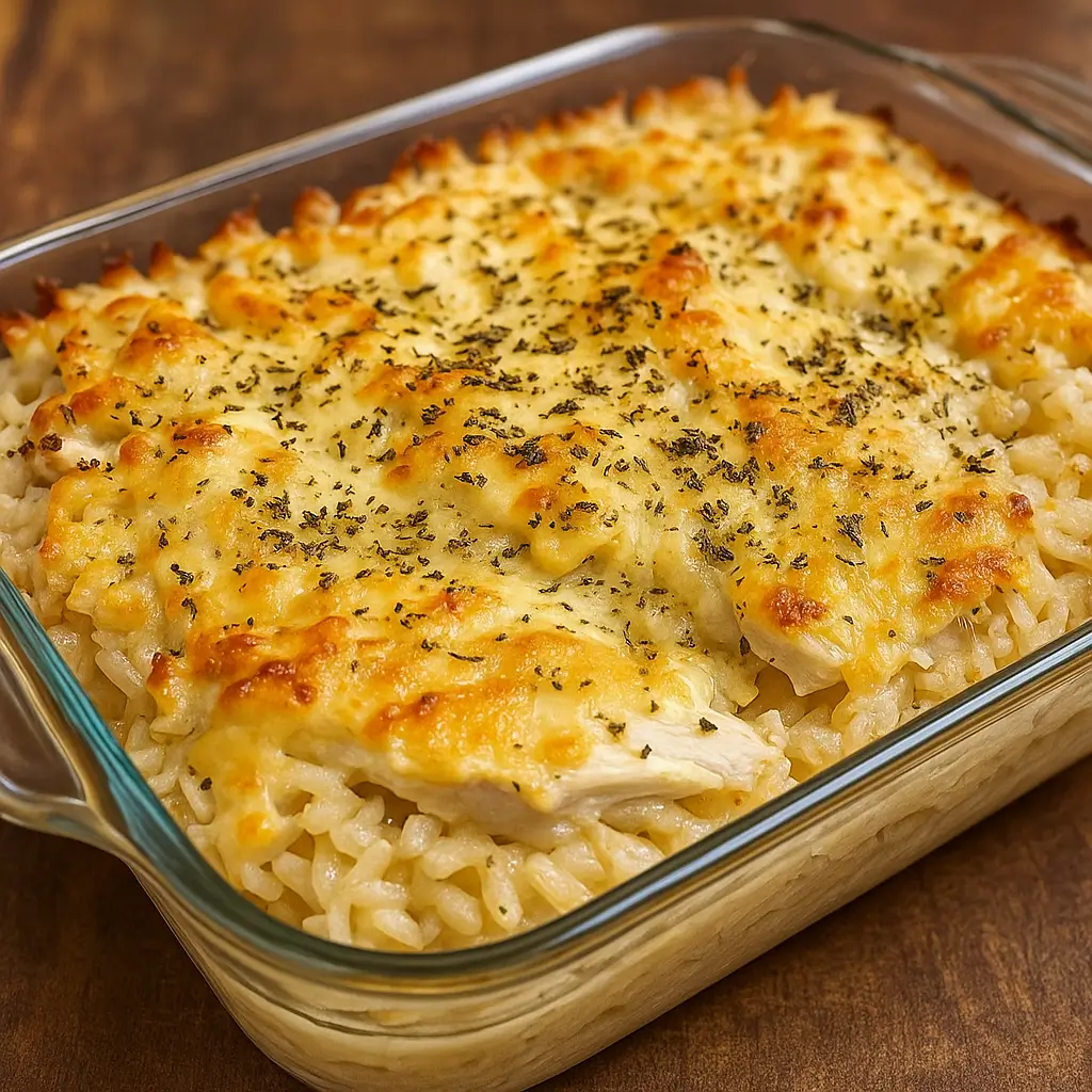 Garlic Butter Chicken and Rice Casserole baked golden brown