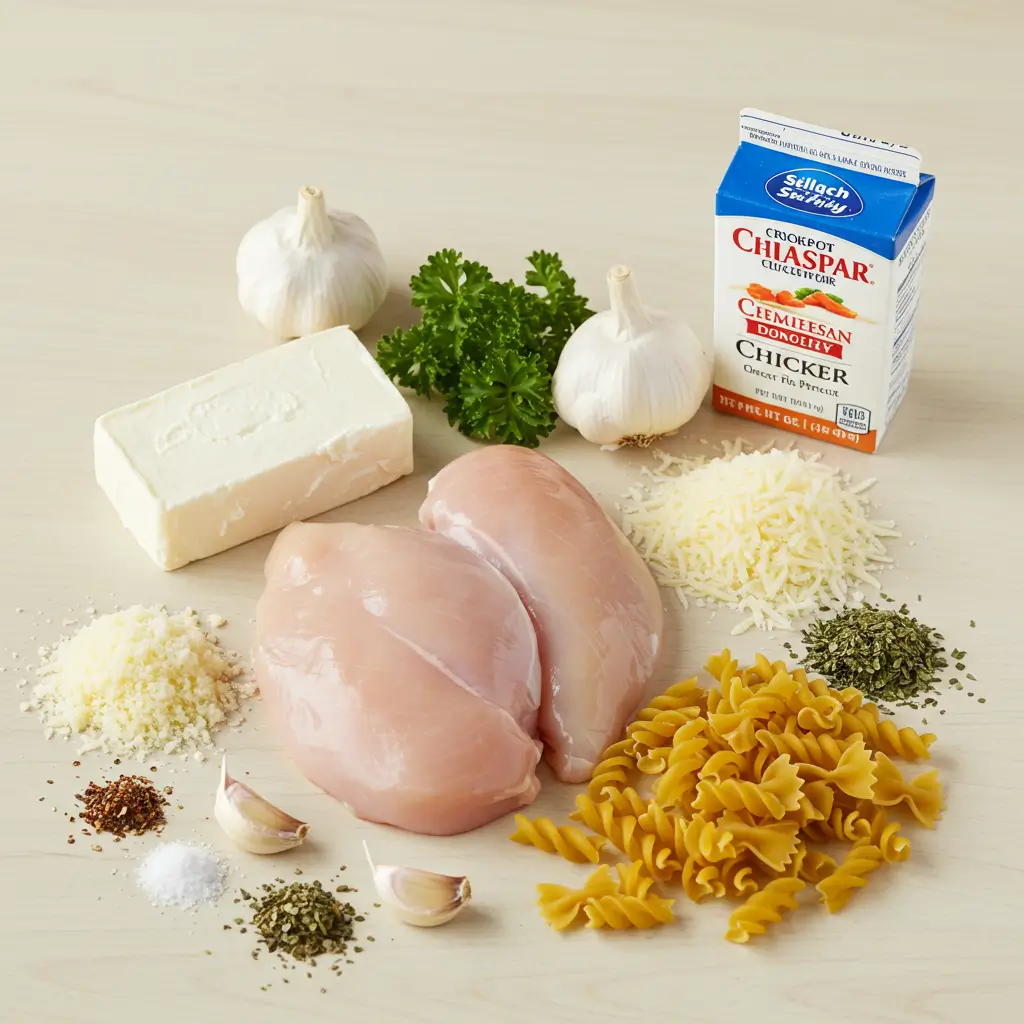 Crockpot Garlic Parmesan Chicken Pasta ingredients on a counter