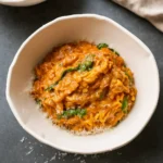 Ground Beef Orzo with Tomato Cream Sauce in bowl on table