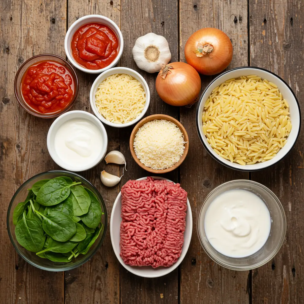 Ingredients for Ground Beef Orzo with Tomato Cream Sauce