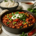 Ground Beef Stovetop Chili served hot with toppings