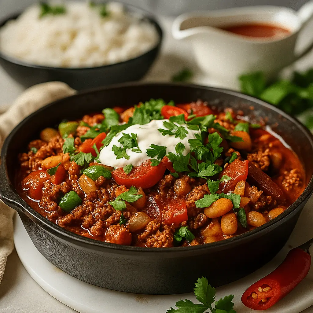 Ground Beef Stovetop Chili served hot with toppings