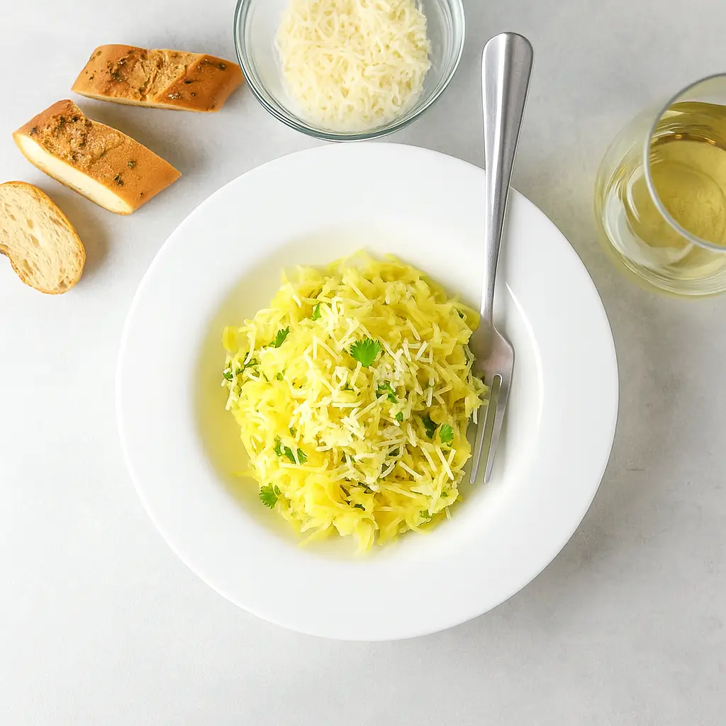 Healthy Garlic Parmesan Spaghetti Squash with butter, garlic, and cheese
