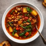 Hearty Ground Turkey Soup served in a bowl with bread
