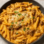 high protein creamy beef pasta recipe in skillet