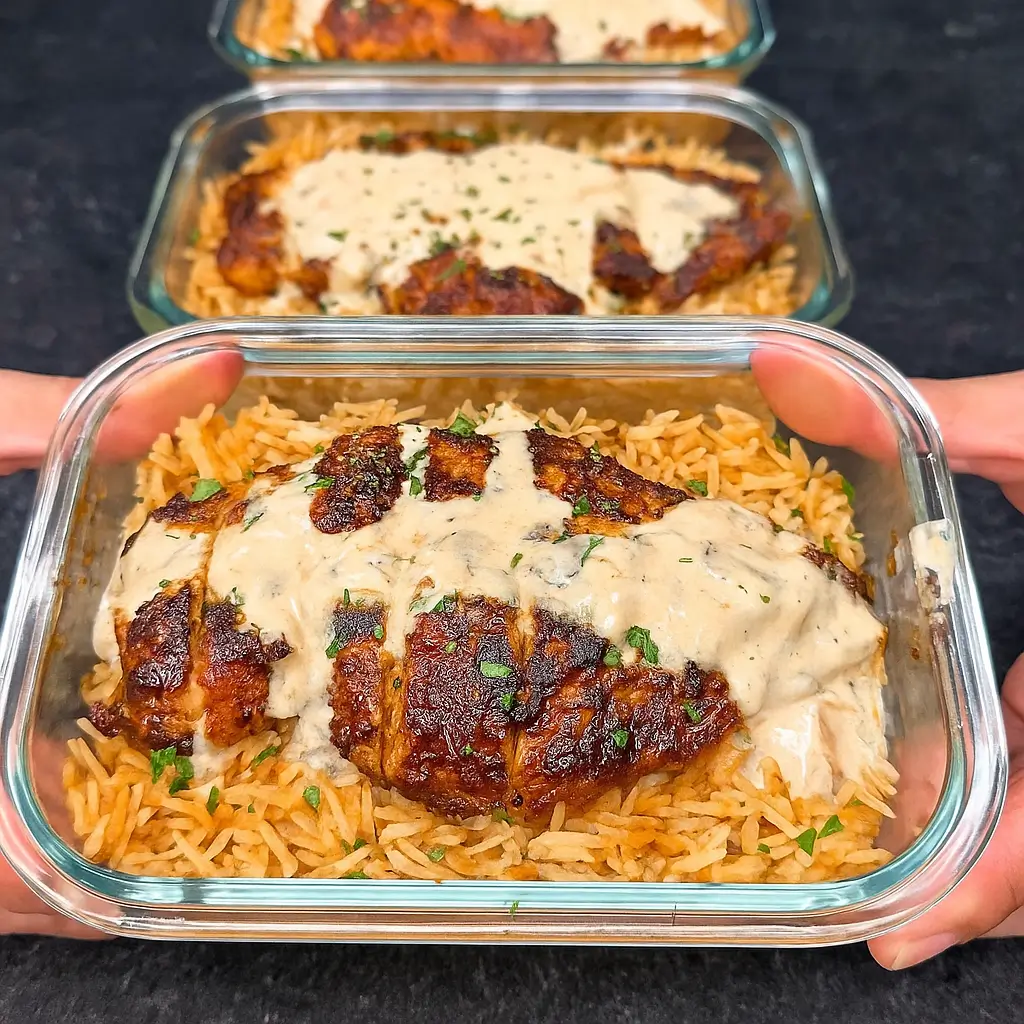 High Protein Creamy Cajun Chicken & Rice plated with creamy sauce and parsley