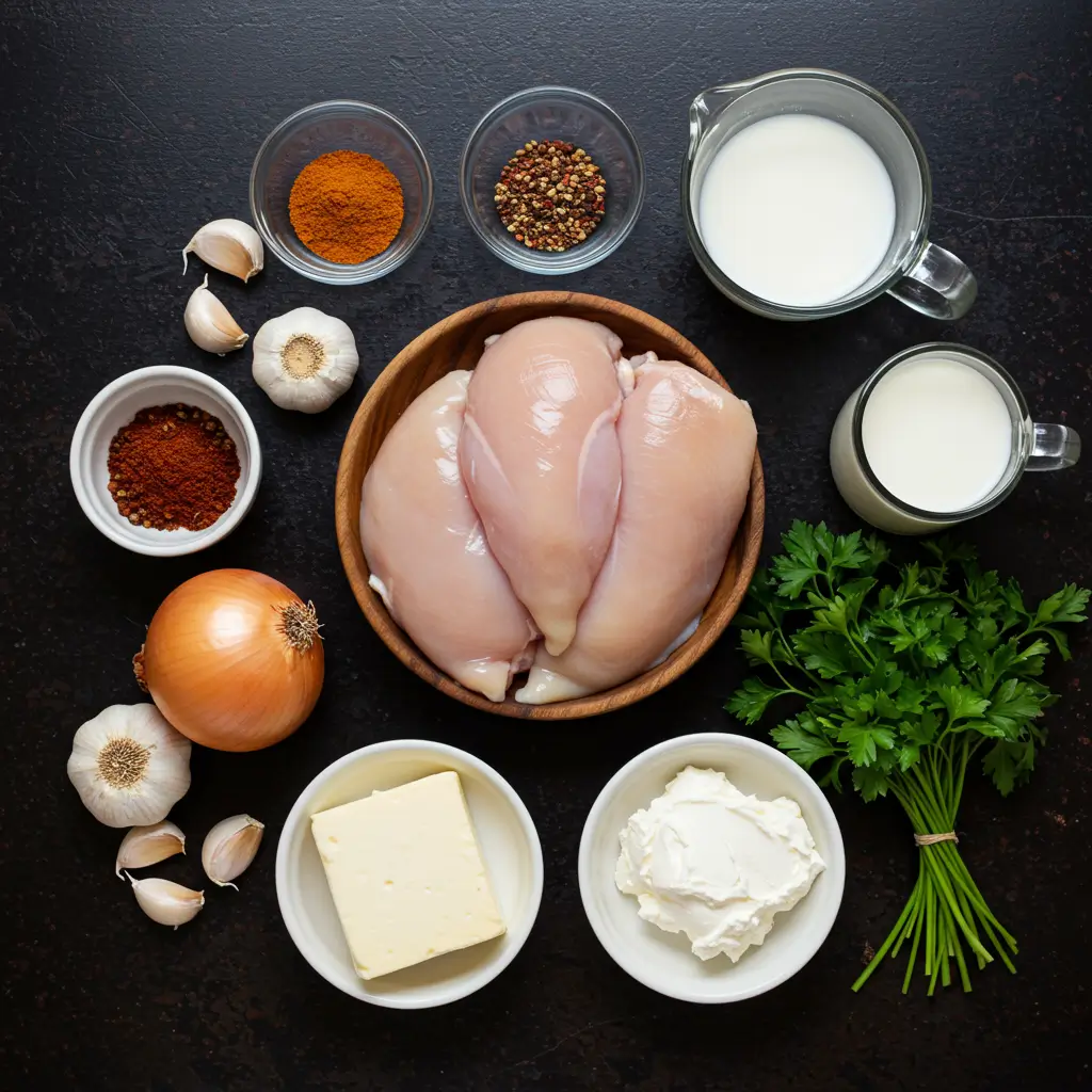 Ingredients for High Protein Creamy Cajun Chicken & Rice laid out on a rustic surface