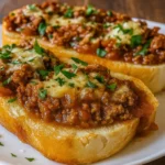 Italian Garlic Bread Sloppy Joes served on a rustic wooden plate