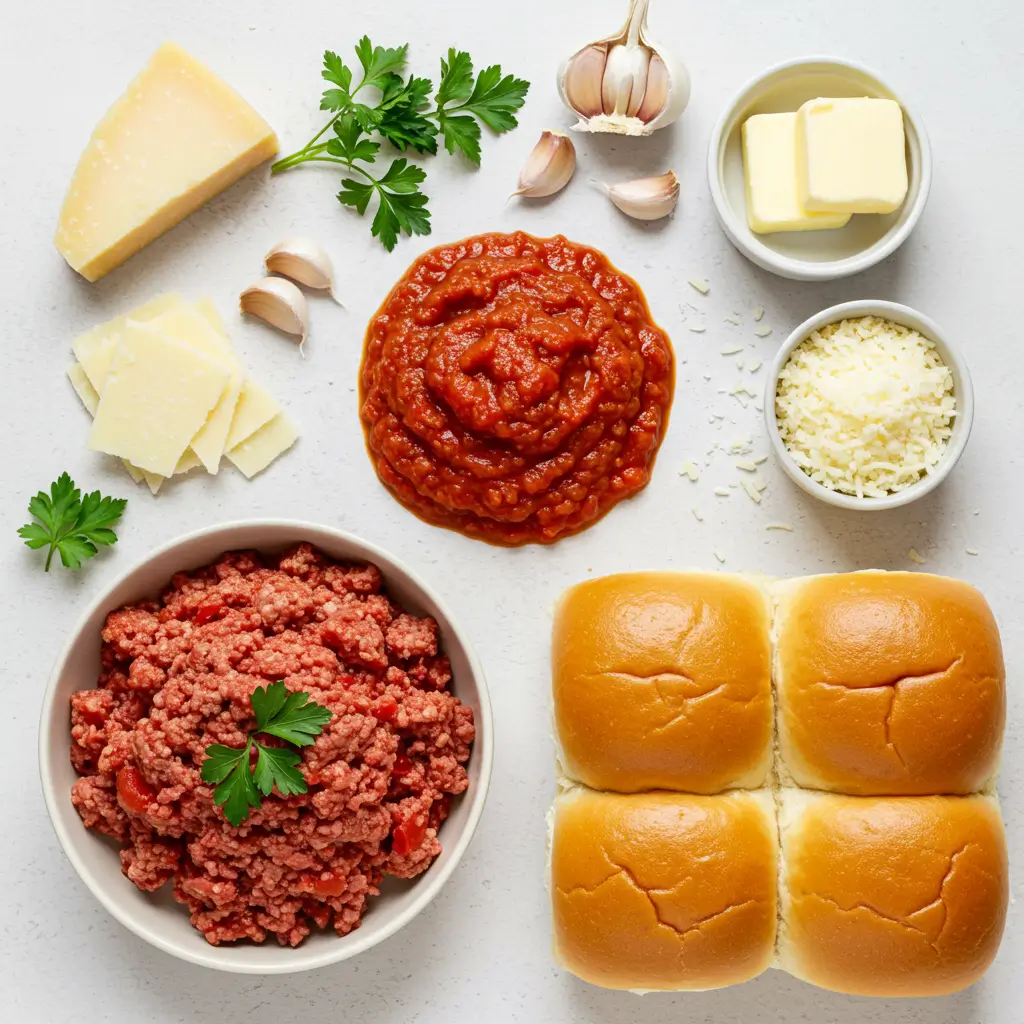 Ingredients for Italian Garlic Bread Sloppy Joes laid out on a counter