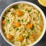 lemon chicken soup in a rustic bowl with lemon slices