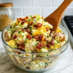 Loaded Potato Salad with bacon, cheddar cheese, and chives in a glass bowl