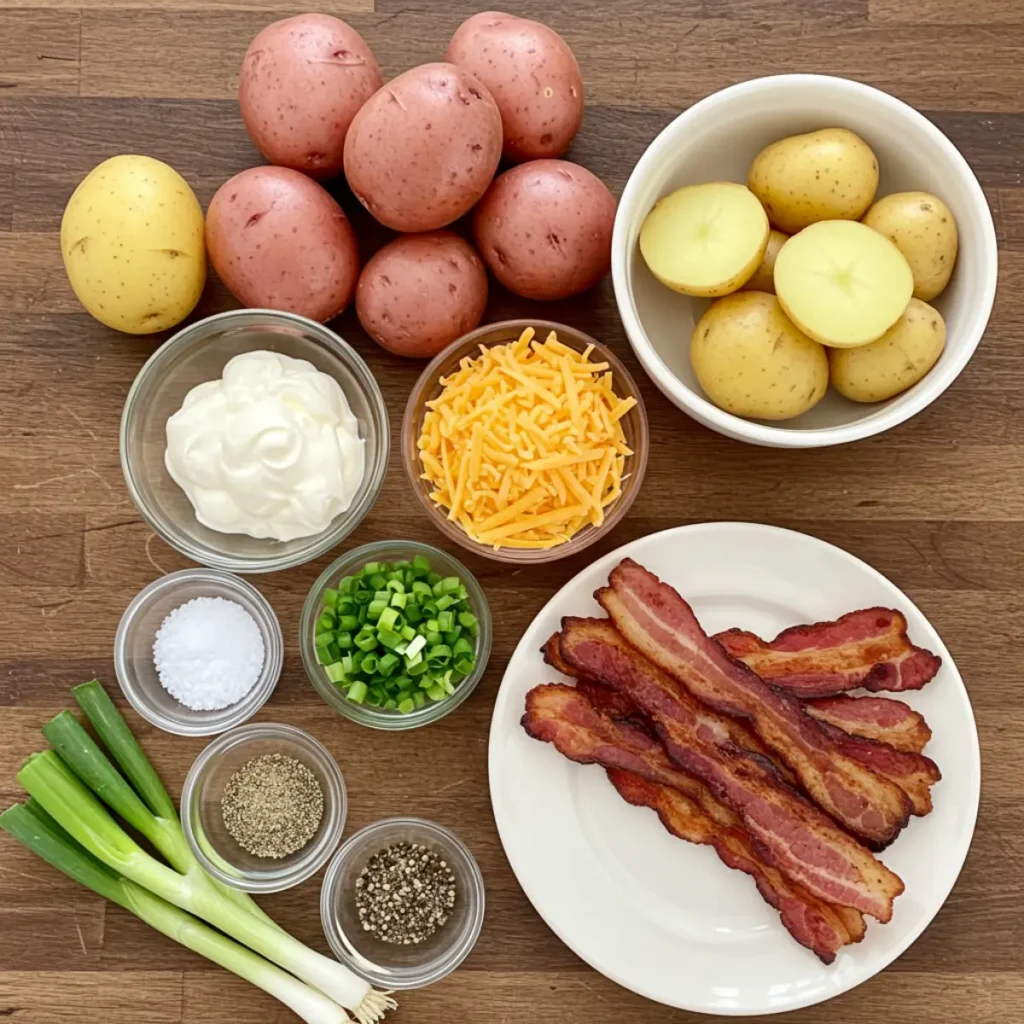 Ingredients for Loaded Potato Salad including potatoes, sour cream, bacon, cheddar cheese, and green onions