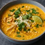Mexican Street Corn Soup in a bowl with fresh toppings