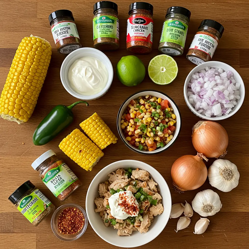 Ingredients for Mexican Street Corn Soup on a wooden table