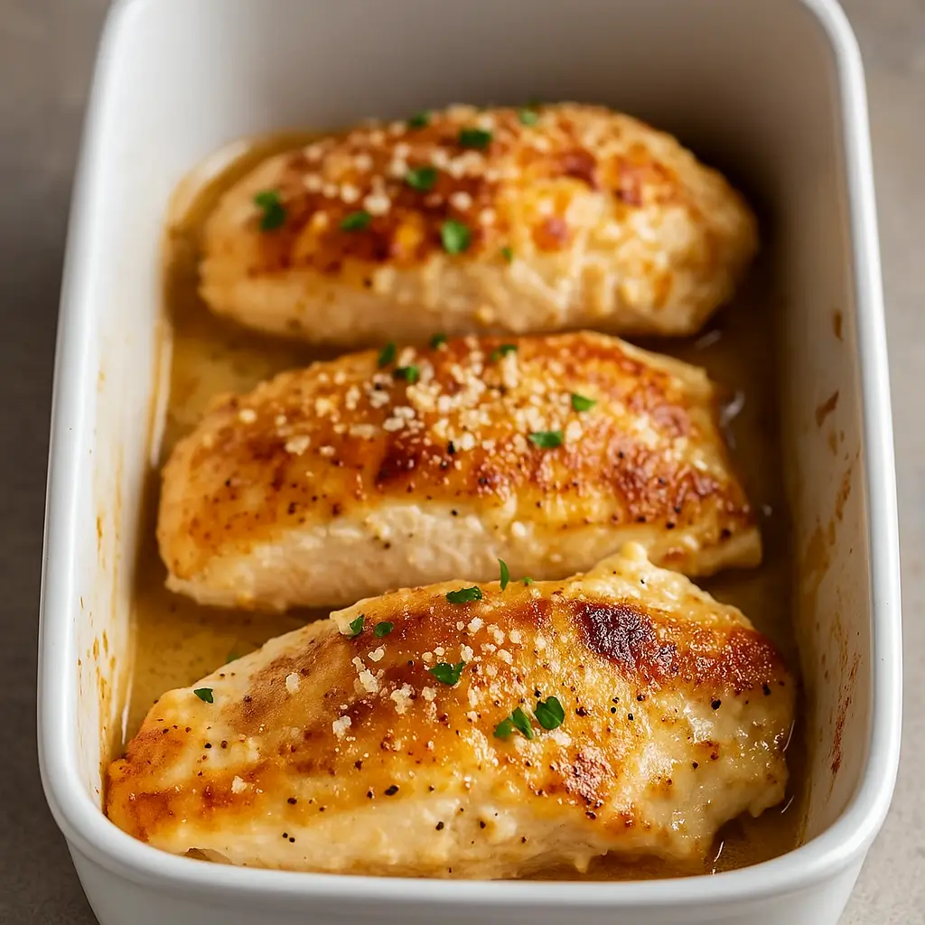 Mouth Chicken Breast Recipe baked with creamy Parmesan topping