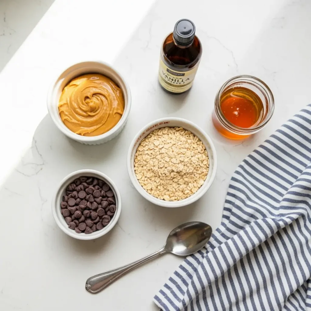 No Bake Energy Bites ingredients oats, peanut butter, honey, chocolate chips, and vanilla on a countertop