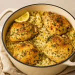 One Pot Lemon Herb Chicken and Rice in skillet with lemon wedges
