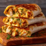 Ooey-Gooey Cheesy Garlic Chicken Wraps plated with melted cheese.