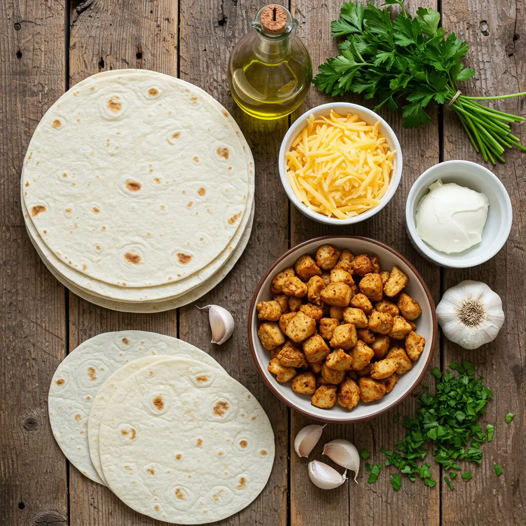 Ingredients for Ooey-Gooey Cheesy Garlic Chicken Wraps on counter.