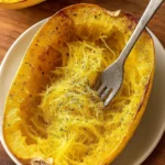 Paleo Roasted Spaghetti Squash on rustic table