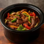 pepper steak in a crock pot served over rice