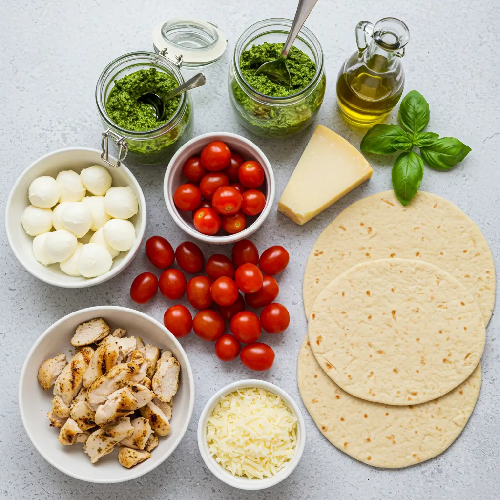 Pesto Chicken Flatbread ingredients on counter