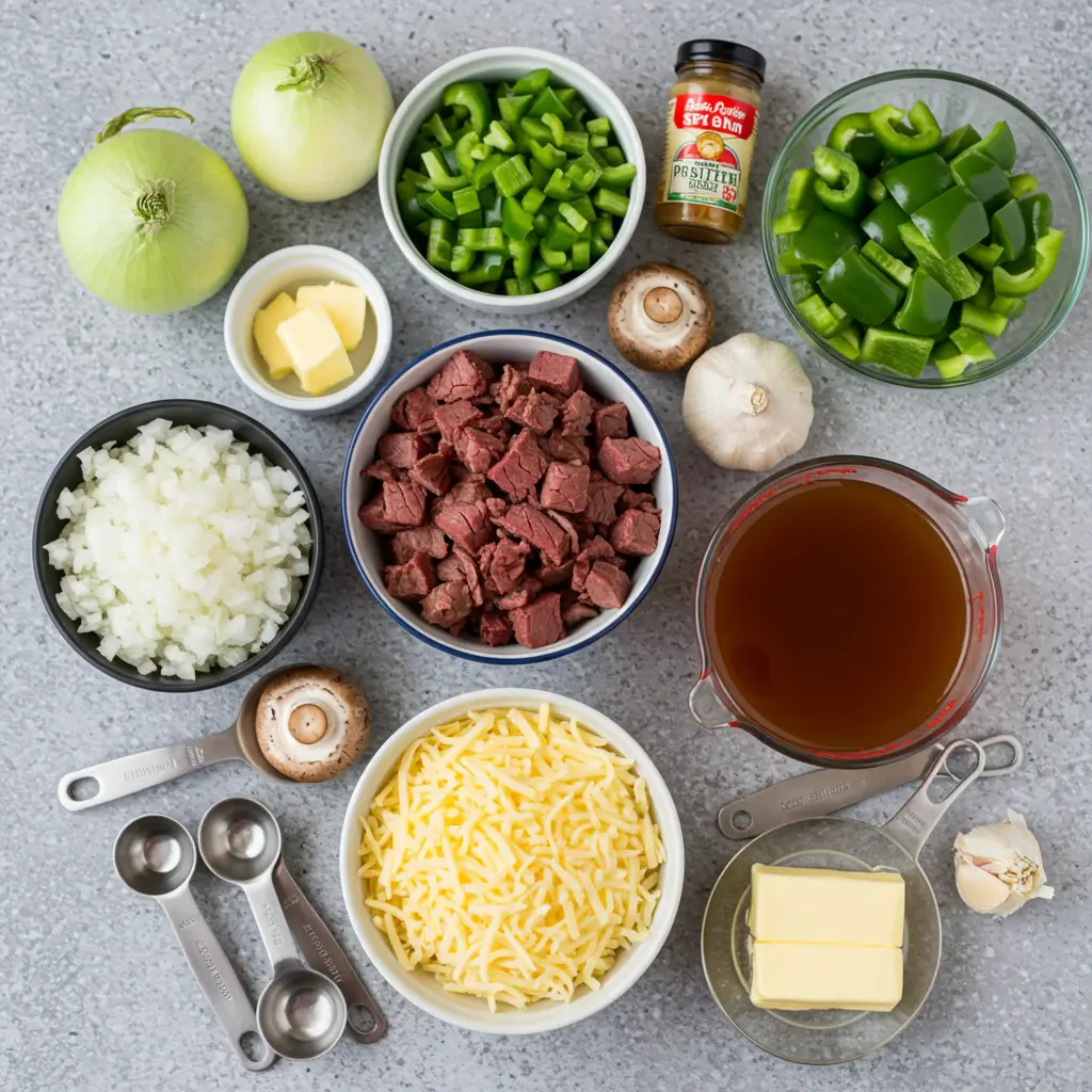 Philly Cheese Steak Soup ingredients laid out on counter