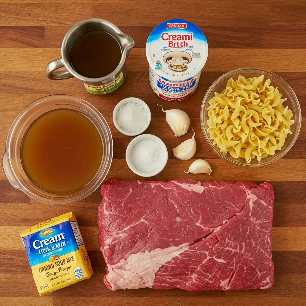 Ingredients for Slow Cooker Beef and Noodles on counter